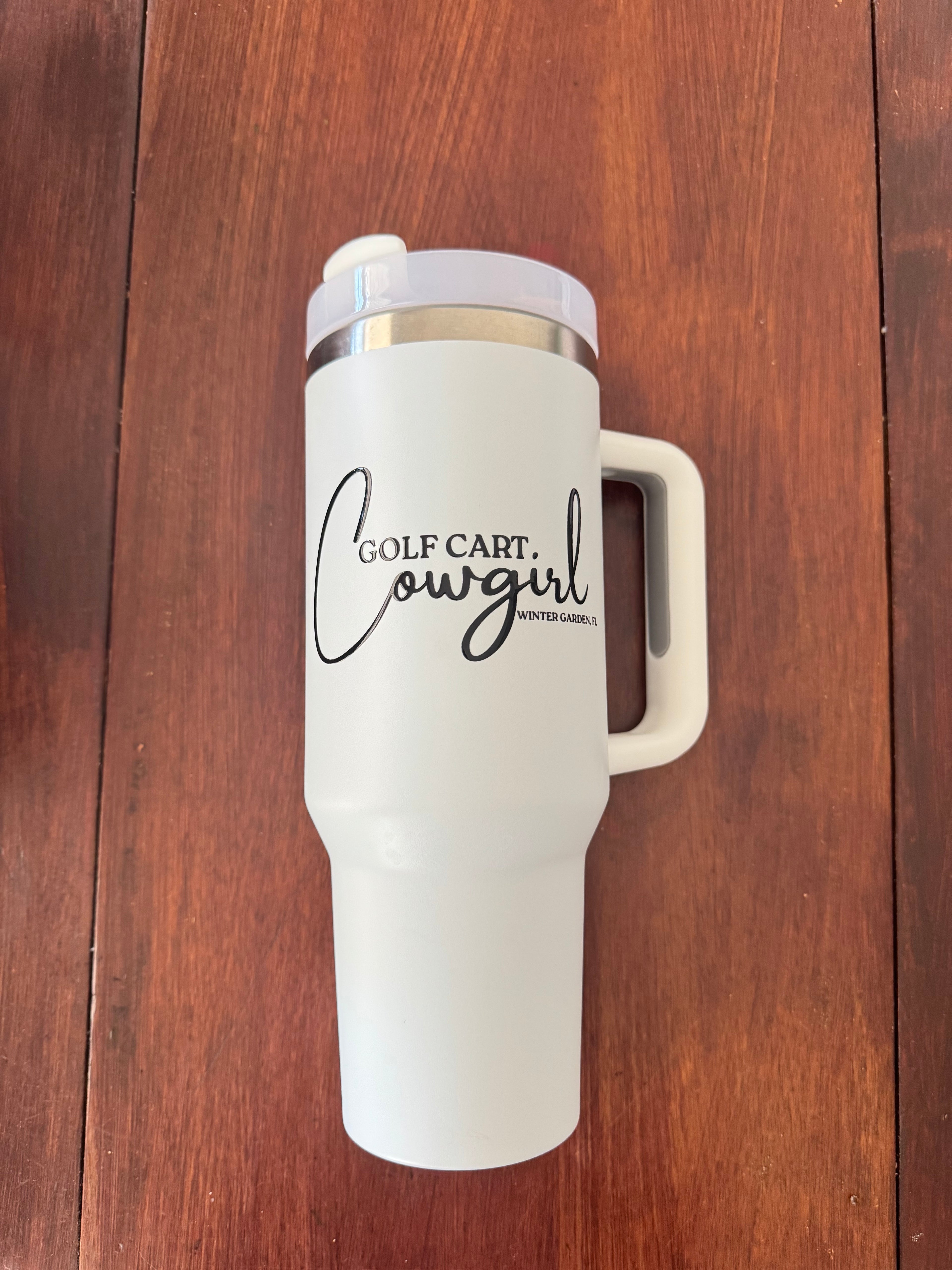 Golf Cart Cowgirl Winter Garden Stainless Steel 40oz drinking cup